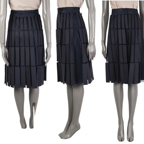 Akris navy blue Mesh-Patchwork Wrap midi Skirt Sz 8